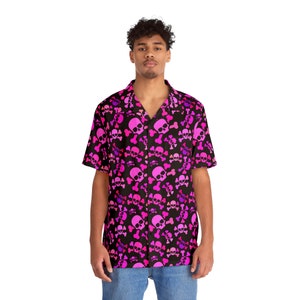 Men&#39;s Skull Print Pink and Black Hawaiian Shirt