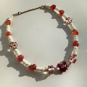 Mother-of-Pearl Necklace | Red Agate | Murano Glass Beads | Murano Glass Crab | Handmade Jewelry | Gift for Her| Natural Stone Necklace