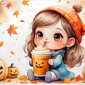 May include: A watercolor illustration of a cartoon girl in an orange hat and blue coat, holding a pumpkin spice latte. Jack-o'-lanterns and autumn leaves surround her. The image has the text "Saves 75".