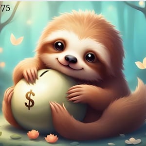May include: A digital illustration of a smiling sloth hugging a light green piggy bank with a dollar sign. The sloth is brown and tan with large eyes. The background features a forest scene with flowers and butterflies.