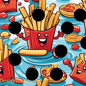 May include: A colorful illustration of a french fry cartoon character with the text "Save $50". The character is wearing a red container with a happy face and is surrounded by other french fries and ketchup.