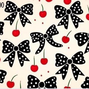 May include: A repeating pattern of black polka-dot bows and red cherries on a cream background. The bows have a classic shape, and the cherries have green stems. The text "SAVE $100" is in the upper left corner.
