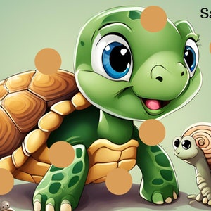 May include: A green turtle with a brown shell and big blue eyes smiles at the viewer. The turtle is standing on a green background with brown dots. The text "Save $75" is in the upper right corner of the image.