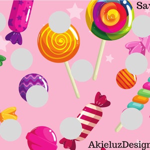 May include: A pink background with a pattern of colorful candies and lollipops. The image includes various candies, such as lollipops, wrapped candies, and hard candies, in shades of pink, purple, green, orange, and red. Text in the upper right corner says "Save $100".