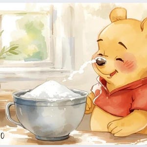 May include: Watercolor illustration of Winnie the Pooh with a red shirt, sneezing white powder from his nose. A large blue bowl filled with white powder sits on a wooden surface. A vase with green leaves is in the background.