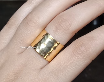 Handmade Wide Hammered Gold Plated Sterling Silver Ring (16mm)
