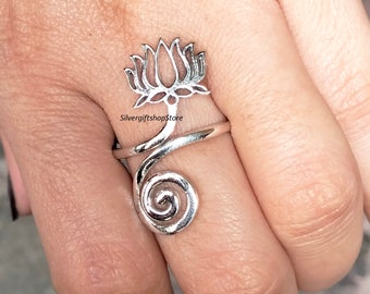 Sterling Silver Lotus Ring, Stackable Ring, Silver Ring, Adjustable Lotus Flower Spiral Ring,  Anniversary Ring, Gift For Her.