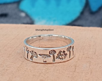 Mushroom Ring, Silver Mushroom Ring, Mushroom Jewelry, Mushroom Band, Cute Tree Ring, Nature Lovers Ring, Mens Ring,  Forest Jewelry.