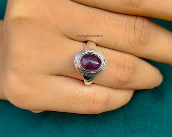 Anello ovale in ametista fatto a mano: pietra preziosa in argento sterling 925