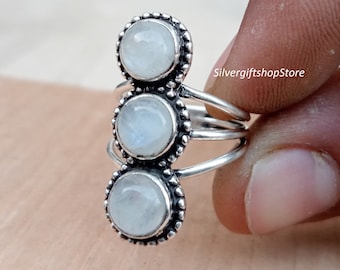 Regenbogen Mondstein Ring: Sterling Silber Drei-Stein-Statement-Ring