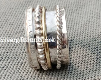 Hammered Silver Spinner Ring, 925 Sterling Silver Ring for Women, Boho Ring, Wide Band Fidget Ring, Handmade Meditation Ring.