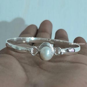 Handmade Pearl Sterling Silver Cuff Bangle: Adjustable 925 Bracelet