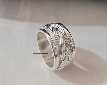 Sterling Silver braid Wire Spinner Ring, Braided Spinner Rings For Women, Fidget Ring Band, Wide Band Ring, Handcrafted Band, Gift For Her.