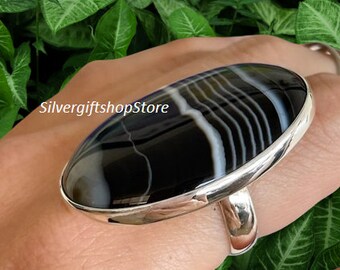 Botswana Agate Gemstone Ring - Black Botswana Agate Silver Ring - Handmade Ring - Women Ring - Sterling Silver Ring - Wedding Gift For Her.