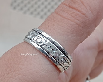 925 Sterling Silver Spinner Ring, Meditation Ring, Handmade Ring, Flower Band Ring, Silver Spinner Ring, Thumb Ring, Boho Ring, Fidget Ring.