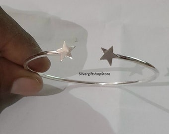 925 Sterling Silver Star Open  bangle / Bracelets, Stacking Bracelets  ,Hand Crafted -Star Silver Wrap Bangle, Two Star Bangle  /Bracelet.