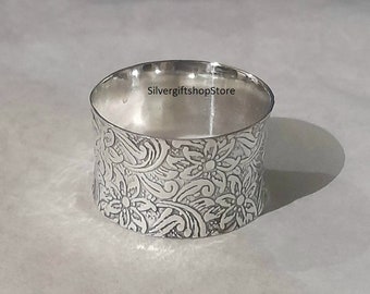 Silver Wide Filigree Eternity Band Ring, Flower Band ,925 Sterling Silver Artisan Crafted Filigree Eternity 14 mm Wide Band Ring.