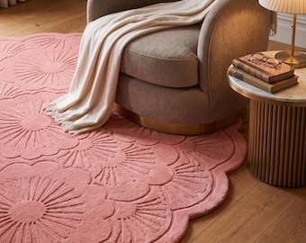 Flower Shaped Rug, Pink Floral Wool Rug, Scalloped Daisy Area Rug, Handmade Tufted Rug for Living Room Bedroom Home Decor, 5x7 Feet