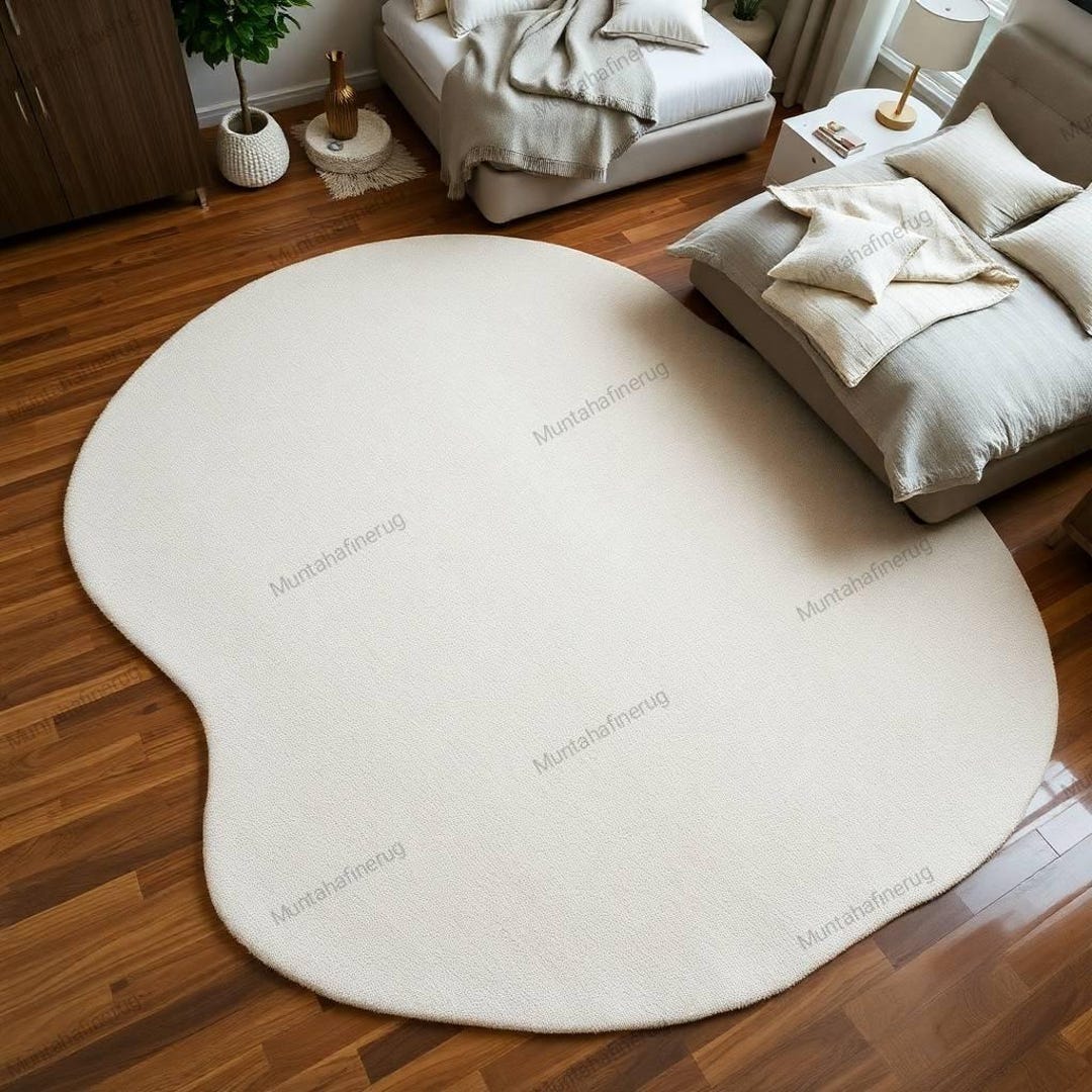 Solid Soft Beige Bean Shaped Area Rug 5X7 5X8 7X10 Cozy Living Room ...