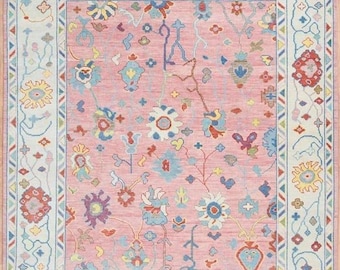 Handmade Pink Floral Oriental Rug 5X7 7X10 with Ivory Border | Traditional Wool Area Carpet for Living Room, Bedroom, Boho & Vintage Decor