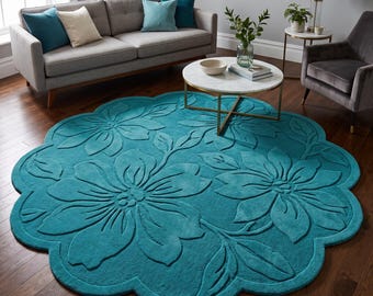 Teal Flower Shaped Area Rug, Round Carved Floral Rug, Turquoise Scalloped Edge Rug for Living Room Bedroom, Modern Boho Home Decor