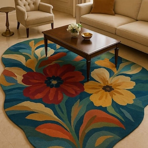 Floral Area Rug | Bold Red & Yellow Flowers with Green Leaves | Soft, Colorful Carpet for Living Room | Vibrant Nature-Inspired Accent Rug