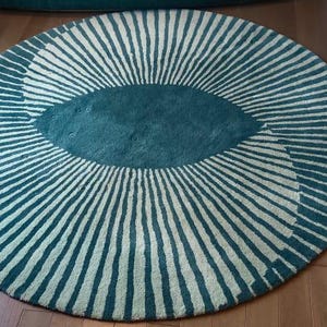 Modern Teal and Cream Round Sunburst Rug Handmade Wool Artistic Area Rug for Living Room Bedroom & Home Décor Contemporary Geometric Design
