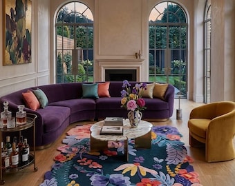 Handmade Floral Shaped Rug 5X7 5X8 7X10 Colorful Boho Area Carpet – Vibrant Purple & Pink Flower Design – Unique Artistic Home Decor Rug