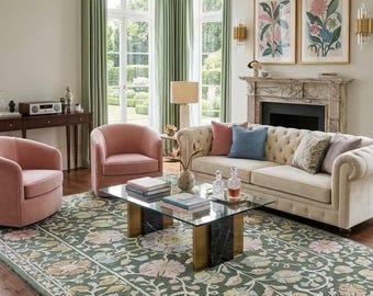Vintage Inspired Floral Wool Carpet 5X7 5X8 7X10 8X10 Green Handcrafted Area Rug with Pastel Flowers for Living Room, Dining Room & Bedroom