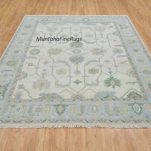 Handmade Turkish Oushak Wool Rug | Soft Ivory & Pastel Green Vintage Floral Carpet | Traditional Oriental Area Rug for Living Room