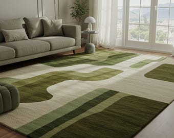 Modern Green Abstract Area Rug 7X10 8X10 9X12 Contemporary Olive & Ivory Carpet | Minimalist Living Room Rug | Luxury Designer Floor Rug