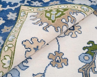 Ivory Blue Oriental Area Rug 5X7 7X10 8X10 Hand Knotted Wool Carpet | Traditional Floral Persian Style Living Room Bedroom Dining Decor Rug
