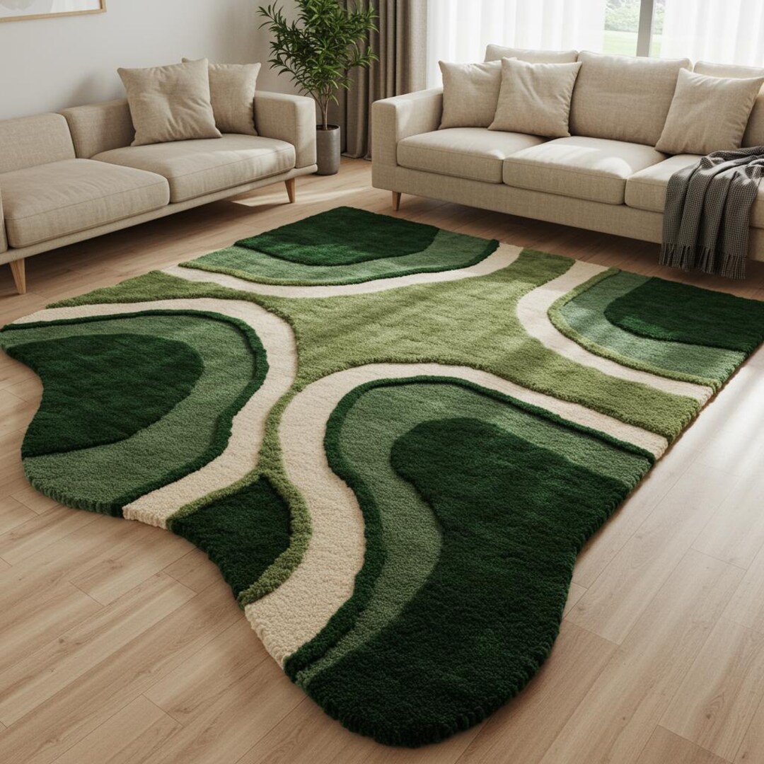 Green Abstract Area Rug | Wavy Modern Carpet Textured Green Shag Rug ...