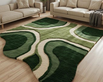Green Abstract Area Rug | Wavy Modern Carpet Textured Green Shag Rug | Soft Contemporary Living Room Rug | Unique Organic Shape Floor Decor