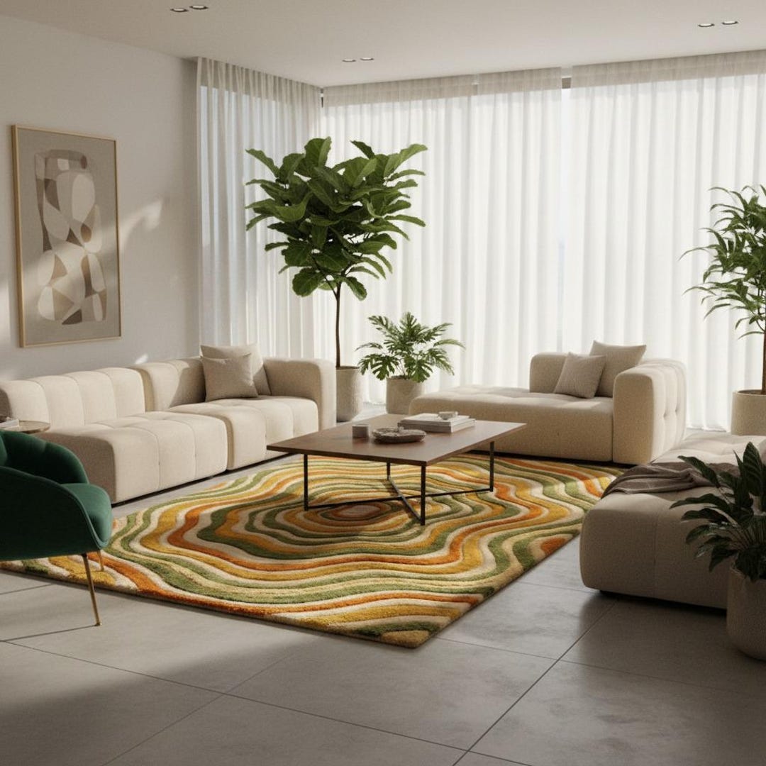 Retro Wave Area Rug, Hand Tufted Wool Rug, Abstract Topographic Carpet ...