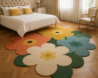Large Floral Area Rug 5X5 6X6 7X7 Colorful Flowers in Orange, Yellow, Green & Blue | Soft Carpet for Bedroom | Retro Boho Chic Accent Rug