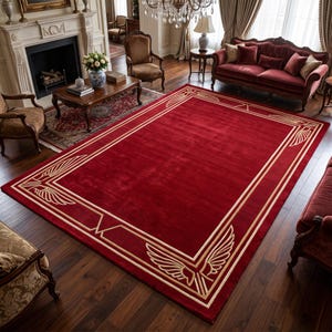 May include: A large rectangular area rug featuring a deep red field and a contrasting cream-coloured border. The border is decorated with stylised wing motifs at each corner, creating a symmetrical frame around the solid red centre of the rug.