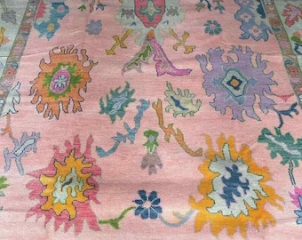 May include: A large, rectangular rug with a pink background and a complex pattern of colorful floral and abstract designs. The rug features a border with a repeating pattern and is likely made of woven material.