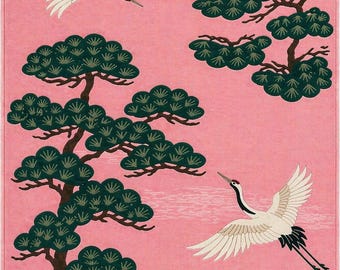 Japans kraankleed, roze oosters tapijt, zenthetisch tapijt, Aziatisch geïnspireerd tapijt, handgemaakt kunsttapijt, kraanvogeltapijt, vloerkleed woonkamer