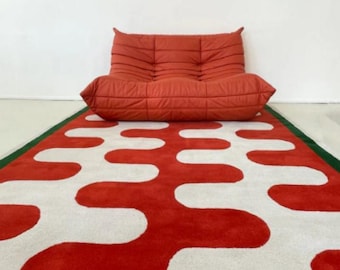 Alfombra moderna con patrón ondulado de 1,5 x 1,8 x 2,5 cm, alfombra abstracta en rojo y blanco. Decoración estética contemporánea y llamativa. Alfombra de estilo retro con mechones suaves.