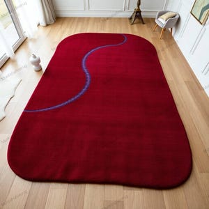 Modern Red Abstract Wool Rug | Handmade Minimalist Carpet with Wavy Blue Line | Soft Rectangle Area Rug for Living Room Bedroom Decor