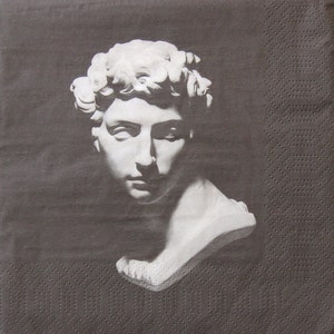Tovaglioli di carta da 2 o 4 pezzi per decoupage, statua greca bianca di David, giovane greco rotto su sfondo nero, statua di busto greco d'antiquariato