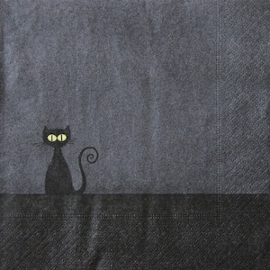 2 ou 4 serviettes en papier pour découpage, chat noir aux yeux jaunes sur fond gris et noir, serviettes pour découpage chats, serviettes d'Halloween