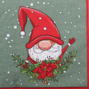 2 ou 4 serviettes en papier pour découpage, Noël amusant avec une décoration en poinsettia sur fond vert, motif Nisse, tomte de découpage
