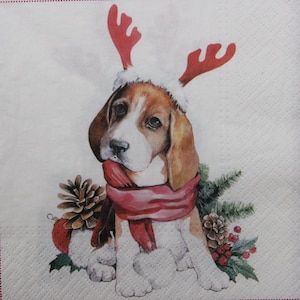 Tovaglioli di carta da 2 o 4 pezzi per decoupage, cucciolo di Beagle natalizio con sciarpa e corna di cervo, tovaglioli per decoupage di cani natalizi, tovaglioli per animali domestici
