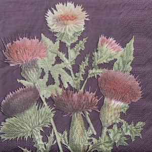 2 oder 4 Stück Papierservietten zum Basteln, Disteln Auf Lila Hintergrund , Servietten Wiese Wildblumen , Skandinavische Decoupage Servietten