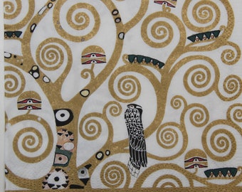 Serviettes en papier 2 ou 4 pièces pour découpage, arbre de vie par Gustav Klimt, arbre doré sur baground blanc, maîtres de la peinture serviettes de découpage