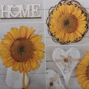 2 ou 4 serviettes en papier pour travaux manuels, tournesol, coeurs, inscription collage maison sur fond beige, serviettes de découpage tournesol