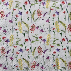 2 oder 4 Stück Papierservietten zum Basteln, rote, lila, gelbe Blumen und Laubzweige auf weißem Hintergrund, Wiesen-Servietten für Decoupage