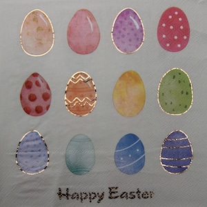 2 o 4 servilletas de papel para decoupage, huevos de Pascua coloridos con detalles dorados sobre un fondo ligeramente menta y el lema Feliz Pascua, manualidad